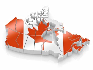 Map of Canada in Canadian flag colors. 3d