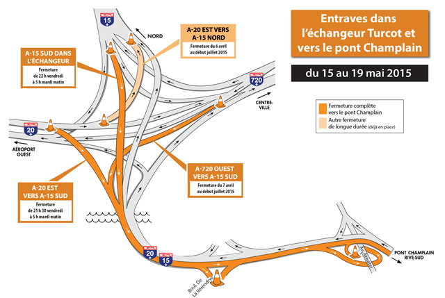 FERMETURE DE BRETELLES DE L&rsquo;ÉCHANGEUR TURCOT DURANT LA FIN DE SEMAINE DU 15 MAI