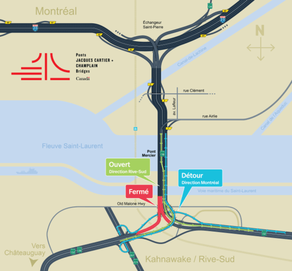 HONORÉ MERCIER: Camions interdits en direction de Montréal (du 21 juillet au 21 août)