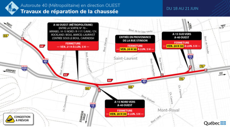 Autoroute 40 à Montréal : Fermeture complète en direction ouest du 18 au 21 juin