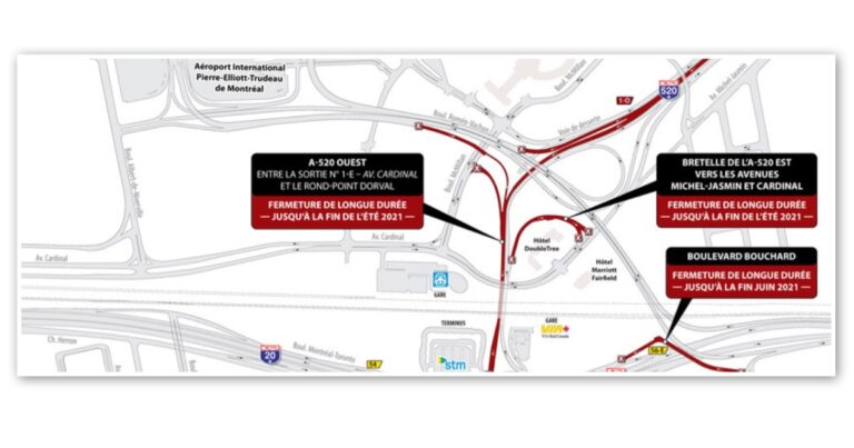 Échangeur Dorval : Maintien de la fermeture de l&rsquo;autoroute 520 en direction ouest jusqu&rsquo;à la fin de l&rsquo;été 2021