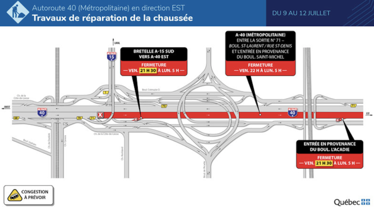 Autoroute 40 (Métropolitaine) : Fermeture complète en direction est du 9 au 12 juillet 2021
