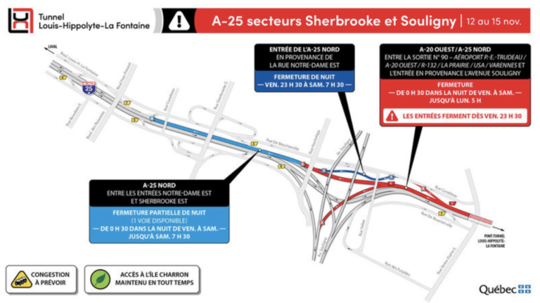 Fermeture complète du tunnel Lafontaine en direction de Montréal