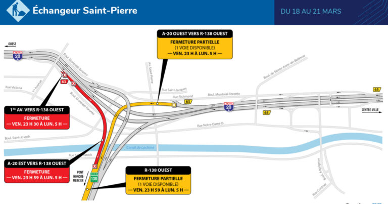Travaux sur l’autoroute 20 et route 138 dans l&rsquo;arrondissement de Lachine à Montréal