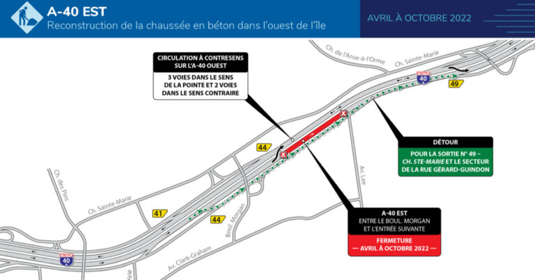 Reprise des travaux de l’autoroute 40 en direction Est à Sainte-Anne-de-Bellevue et à Baie-d’Urfé