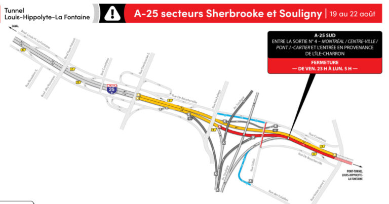 Tunnel La Fontaine : Fermeture complète de l&rsquo;autoroute 25 en direction de la Rive-Sud du 19 au 22 août