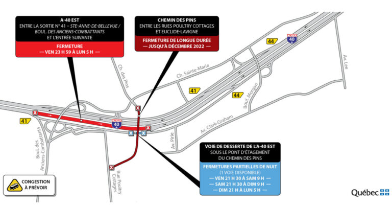 Fermeture de l’Autoroute 40 en direction est à Sainte-Anne-de-Bellevue