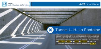 Tunnel : Fermeture complète de l’autoroute 25 en direction de la Rive-Sud dans les nuits du 1er et 2 février
