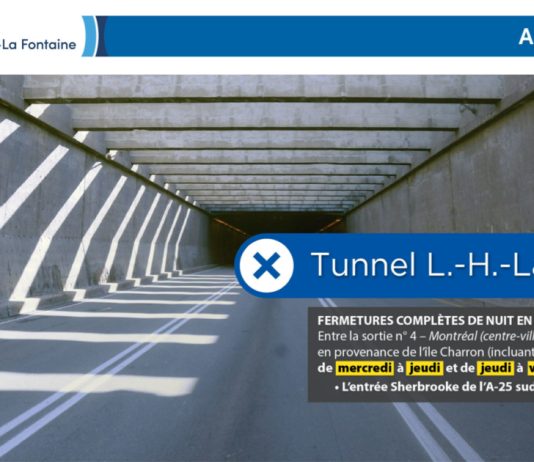 Tunnel : Fermeture complète de l’autoroute 25 en direction de la Rive-Sud dans les nuits du 1er et 2 février