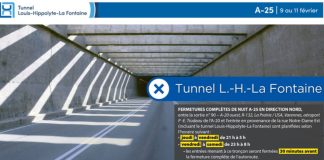 13 et 14 février – Réfection tunnel Lafontaine: Fermeture complète de l’autoroute 25 en direction de Montréal