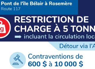 Rappel important : les usagers doivent respecter la restriction de charge à 5 tonnes sur le pont de l’île Bélair à Rosemère