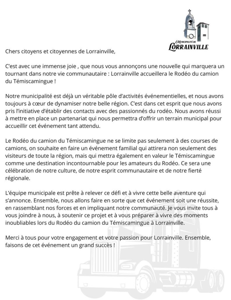 Annonce officielle de Jean Martineau, présentant la nouvelle du festival de courses de Témiscamingue.