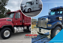 Rappels de Volvo Trucks et Daimler Truck pour les VN, Freightliner et Western Star Vue d’un camion Volvo VN 2024, un Western Star et un Freightliner, rappelés pour des problèmes de sécurité liés aux écrous de roue et aux feux de freinage.