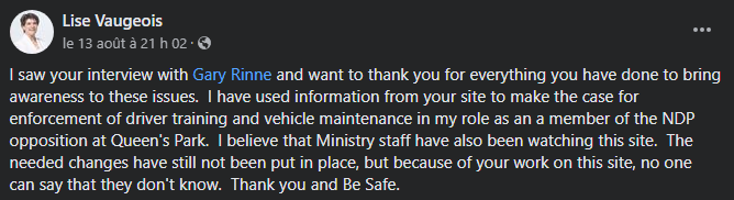 Commentaire de Lise Vaugeois sur Facebook dans le groupe de la route 11/17 Ontario, sur la sécurité des camionneurs.