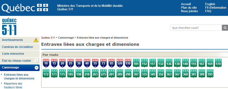 Un camion hors normes du Groupe Bellemare coincé entre des barrières de béton sur l'autoroute 50, entraînant une fermeture prolongée de la voie - capture d'écran expliquant aucune entrave pour charge et dimension.