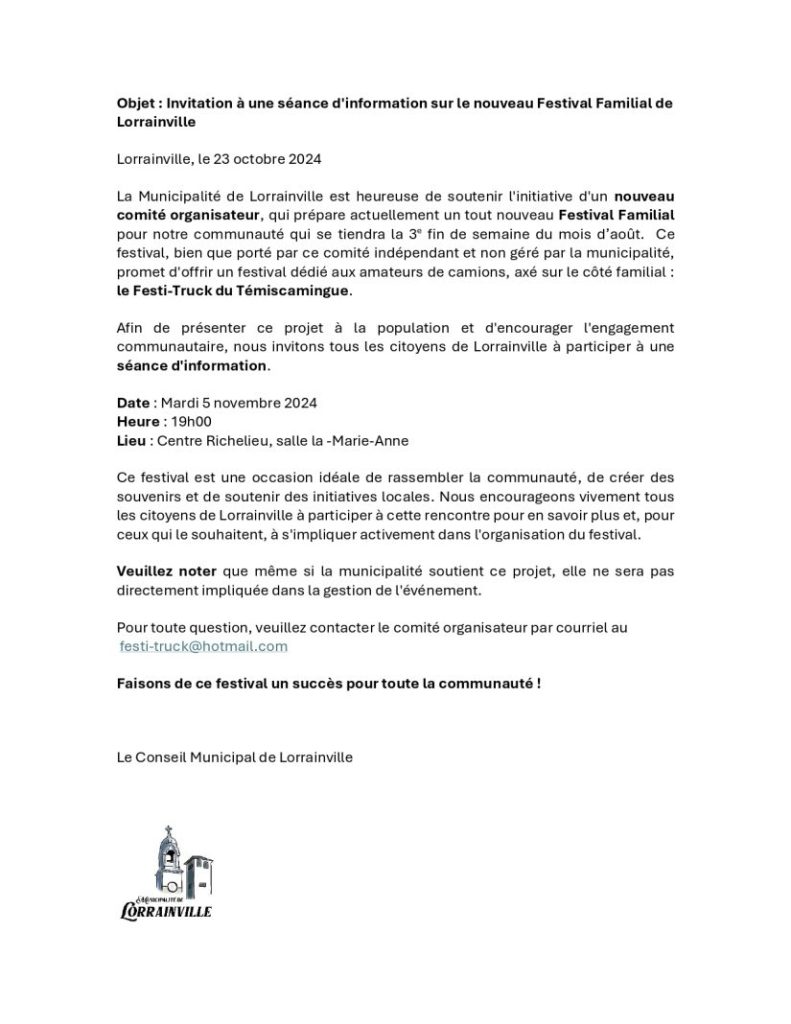 Communiqué de presse concernant le Festi-Truck du Témiscamingue, publié sur les réseaux sociaux de Lorrainville.