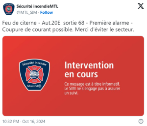 Un camion-citerne en flammes a provoqué la fermeture de l'autoroute 20 est près de l'échangeur Turcot, entraînant une intervention rapide des services d'urgence, qui ont publié cet avis sur X.