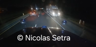 Camion arrêté pour avoir rouler à contresens sur la 401 Camion-remorque intercepté par la PPO sur l'autoroute 401 après avoir roulé à contresens, image de la vidéo captée par Nicolas Setra.