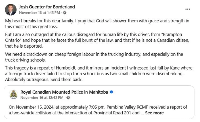 Le député Josh Guenter revient sur ses propos controversés concernant un camionneur de Brampton impliqué dans un accident mortel dans le Borderland.