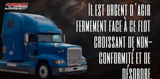 Transport routier : Des défis interprovinciaux qui accentuent la pression sur nos routes et nos agents de CRQ Un camion de l'Ontario et une citation du texte qui souligne les défis interprovinciaux accentuant la pression sur nos routes et nos agents de CRQ dans le transport routier au Québec.