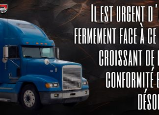 Transport routier : Des défis interprovinciaux qui accentuent la pression sur nos routes et nos agents de CRQ Un camion de l'Ontario et une citation du texte qui souligne les défis interprovinciaux accentuant la pression sur nos routes et nos agents de CRQ dans le transport routier au Québec.