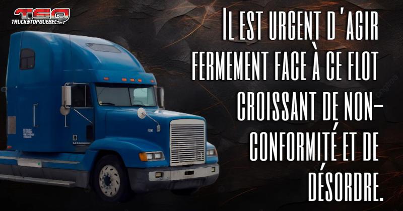 Un camion de l'Ontario et une citation du texte qui souligne les défis interprovinciaux accentuant la pression sur nos routes et nos agents de CRQ dans le transport routier au Québec.