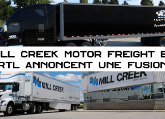 Mill Creek Motor Freight et RTL annoncent une fusion, prévue pour février 2025 Deux camions de transport, l’un portant les couleurs et le logo de Mill Creek Motor Freight et l’autre de Round the Lakes (RTL)