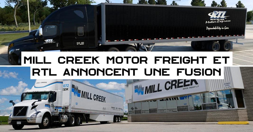 Deux camions de transport, l’un portant les couleurs et le logo de Mill Creek Motor Freight et l’autre de Round the Lakes (RTL)