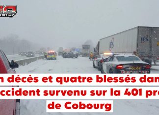 Accident mortel sur l’autoroute 401 : un décès et quatre blessés Photo d'un accident survenu à Cobourg en Ontario sur l'autoroute 401, faisant un mort et quatre blessés.