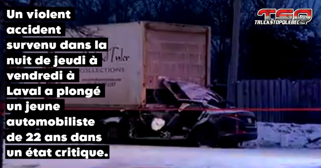 Scène d'une grave collision à Laval où un automobiliste s'est encastrée sous un camion, nécessitant l'intervention des secours.