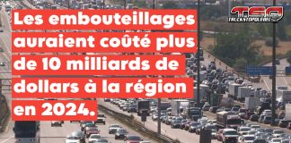 Une redevance pour réduire la congestion : Toronto pourrait-elle suivre l’exemple de New York? Vue aérienne des embouteillages sur une autoroute à Toronto, illustrant les défis de la congestion routière.