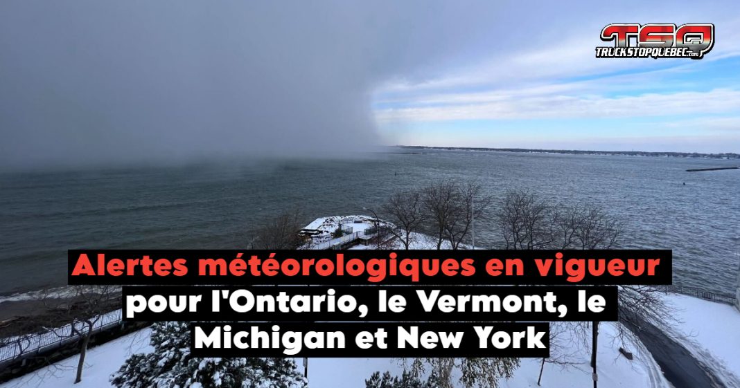 Une tempête de neige causée par l’effet de lac, avec des conditions difficiles incluant de fortes chutes de neige, une visibilité réduite, et des routes enneigées, affectant plusieurs régions, représentant les alertes météorologiques en vigueur.