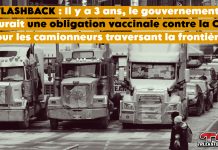 Vaccination obligatoire des camionneurs : trois ans après, retour sur une mesure controversée Photo du Convoi de la liberté, qui avait pris racine lors de l'obligation par le gouvernement que les camionneurs soient vaccinés pour traverser la frontière.