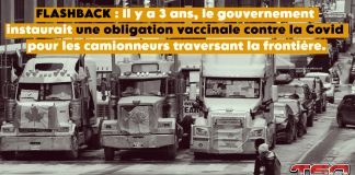 Vaccination obligatoire des camionneurs : trois ans après, retour sur une mesure controversée Photo du Convoi de la liberté, qui avait pris racine lors de l'obligation par le gouvernement que les camionneurs soient vaccinés pour traverser la frontière.