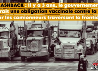 Vaccination obligatoire des camionneurs : trois ans après, retour sur une mesure controversée Photo du Convoi de la liberté, qui avait pris racine lors de l'obligation par le gouvernement que les camionneurs soient vaccinés pour traverser la frontière.