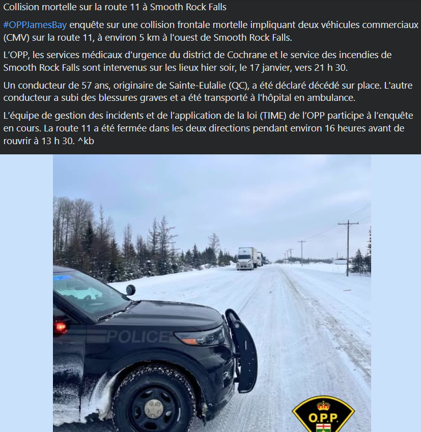 Photo de la scène d'accident de André Luneau, chauffeur décédé dans un accident sur la route 11 en Ontario, avec une mention des sympathies et du respect de la communauté routière.