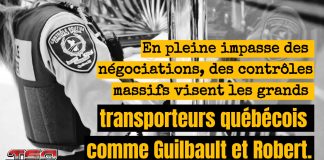 L’industrie du transport fait les frais des négociations entre Contrôle Routier Québec (CRQ) et le Conseil du trésor Un camion intercepté lors d’un contrôle routier, illustrant les tensions dans l’industrie du transport et CRQ.