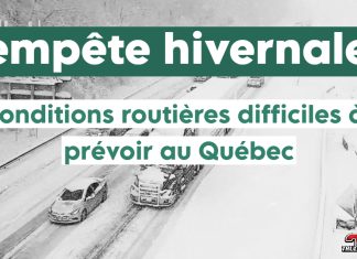 Tempête hivernale : conditions routières difficiles à prévoir au Québec Autoroute enneigée et conditions routières difficiles en raison d'une tempête hivernale au Québec.