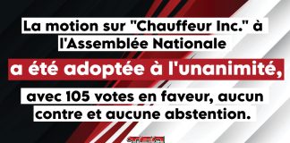 Motion adoptée à l’Assemblée Nationale du Québec pour contrer le stratagème Chauffeur Inc. L'Assemblée nationale du Québec en train de voter sur une motion concernant la pratique Chauffeur Inc. dans l’industrie du camionnage.