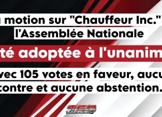 Motion adoptée à l’Assemblée Nationale du Québec pour contrer le stratagème Chauffeur Inc. L'Assemblée nationale du Québec en train de voter sur une motion concernant la pratique Chauffeur Inc. dans l’industrie du camionnage.