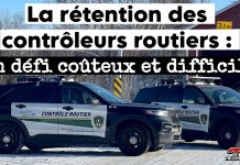 La rétention des contrôleurs routiers : un défi coûteux et difficile Deux véhicules de Contrôle routier Québec, illustrant la présence des agents sur le terrain malgré les difficultés liées au recrutement et à la rétention des contrôleurs routiers.