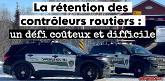 La rétention des contrôleurs routiers : un défi coûteux et difficile Deux véhicules de Contrôle routier Québec, illustrant la présence des agents sur le terrain malgré les difficultés liées au recrutement et à la rétention des contrôleurs routiers.
