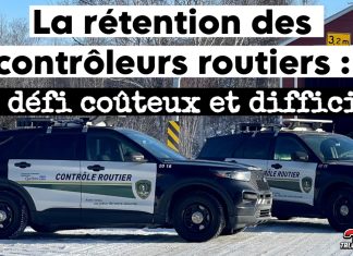La rétention des contrôleurs routiers : un défi coûteux et difficile Deux véhicules de Contrôle routier Québec, illustrant la présence des agents sur le terrain malgré les difficultés liées au recrutement et à la rétention des contrôleurs routiers.