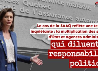 SAAQclic : Un fiasco administratif aux conséquences bien réelles Geneviève Guilbault devant un bureau de la SAAQ, illustrant le débat sur la gestion du projet SAAQclic et ses dépassements de coûts.