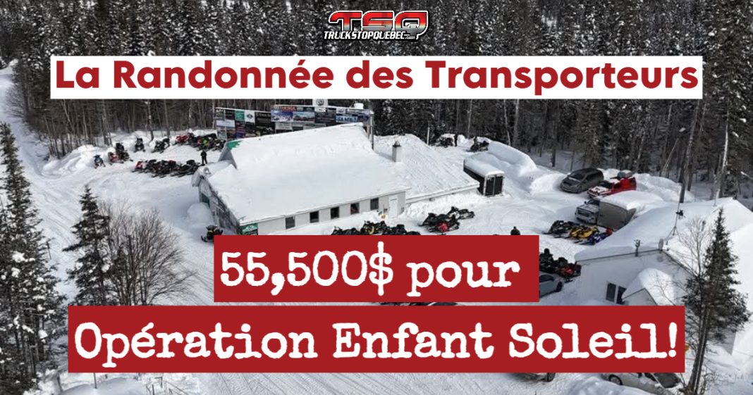 Alignement impressionnant des motoneiges stationnées au relais lors de la Randonnée des Transporteurs 2025, un événement caritatif au profit d’Opération Enfant Soleil.