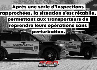 Contrôle Routier Québec : Trêve de moyens de pression Véhicules de Contrôle Routier Québec, représentant lat rêve de moyens de pression vis-à-vis les transporteurs.