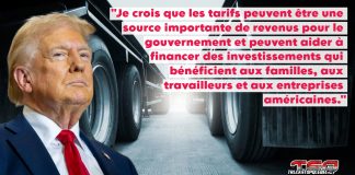 Tarifs douaniers : une menace pour le transport routier canadien Donald Trump devant des camions stationnés, illustrant l'impact des tarifs douaniers sur le transport routier.