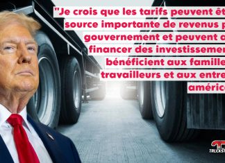 Tarifs douaniers : une menace pour le transport routier canadien Donald Trump devant des camions stationnés, illustrant l'impact des tarifs douaniers sur le transport routier.