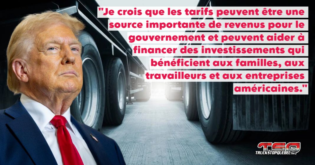 Donald Trump devant des camions stationnés, illustrant l'impact des tarifs douaniers sur le transport routier.