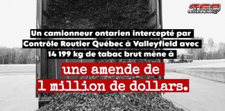 Une cargaison massive de tabac de contrebande interceptée par Contrôle Routier Québec Une semi-remorque remplie de tabac, représentant le véhicule lourds intercepté par Contrôle Routier Québec transportant une cargaison de 14 199 kg de tabac brut de contrebande.